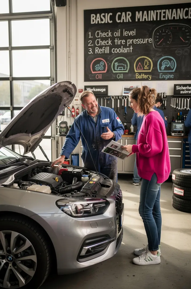 Mechaniker überprüft ein Auto in einer Werkstatt, während ein junger Fahrer die Serviceintervalle und Dokumente erklärt bekommt